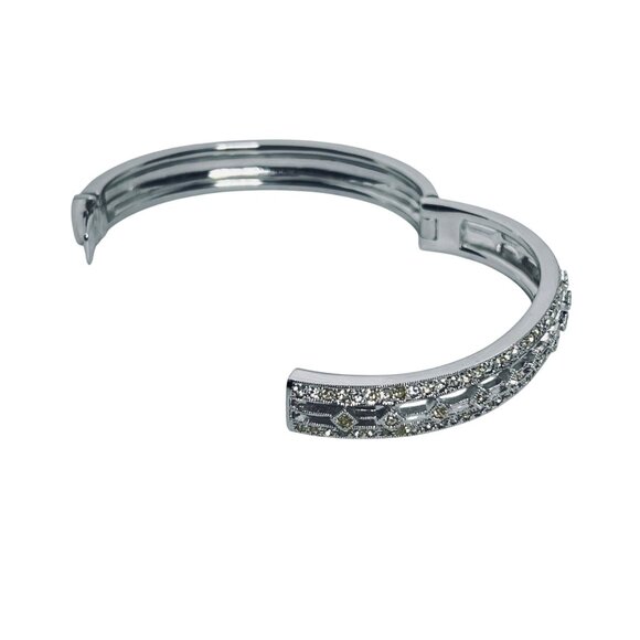 Nadri Silver Tone And Clear Crystal Hinged Bangle Bracelet (5946) - Picture 6 of 7